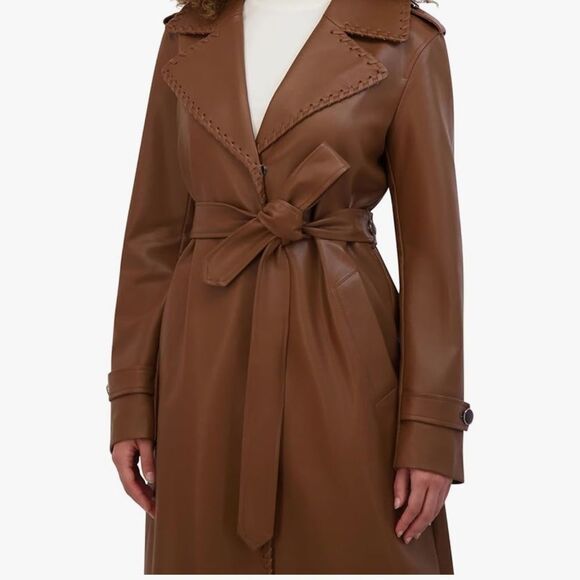 NWT Kenneth Cole Faux Leather Belted Trench Coat In Cognac SP - Picture 6 of 12